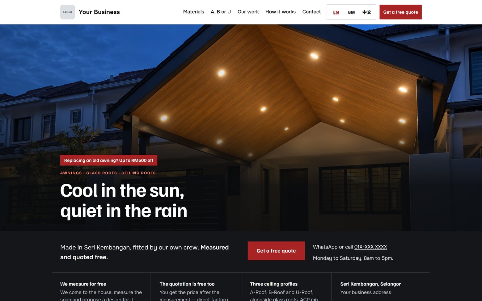 A website for a awning & glass-roof specialist, on a desktop screen