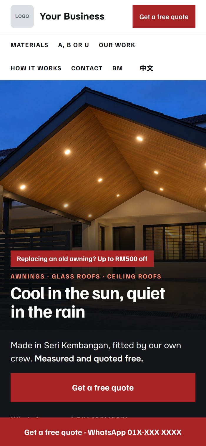 A website for a awning & glass-roof specialist, on a phone screen
