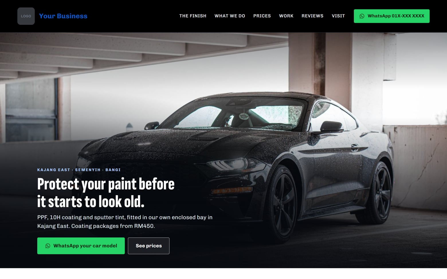 A website for a paint protection & coating centre, on a desktop screen
