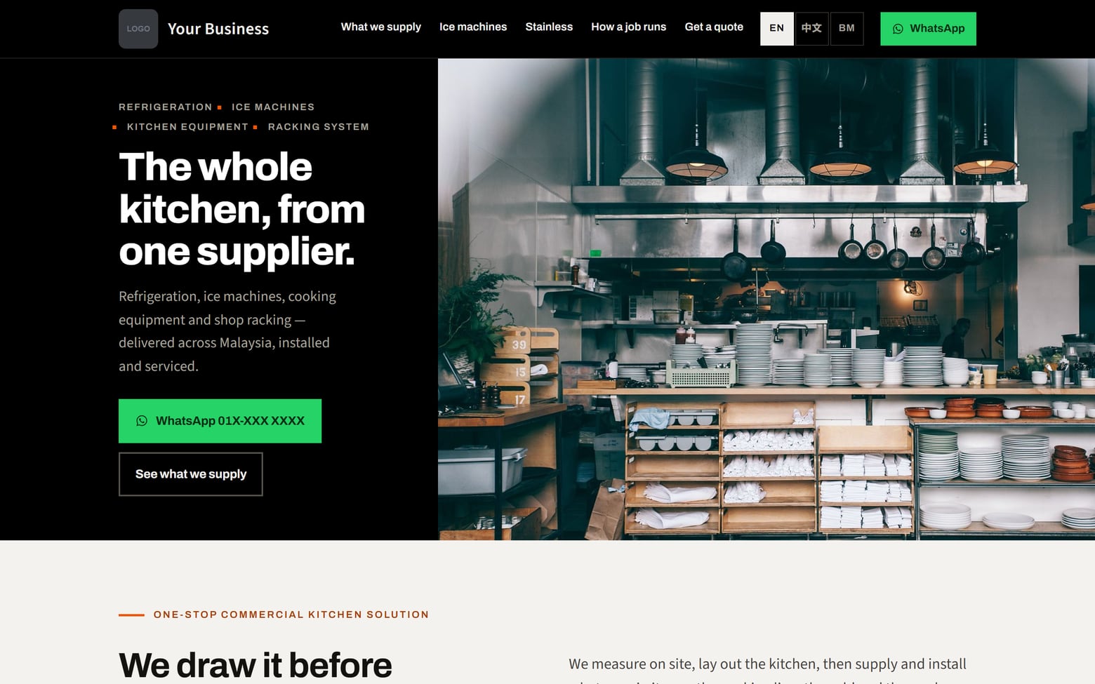A website for a commercial kitchen supplier, on a desktop screen