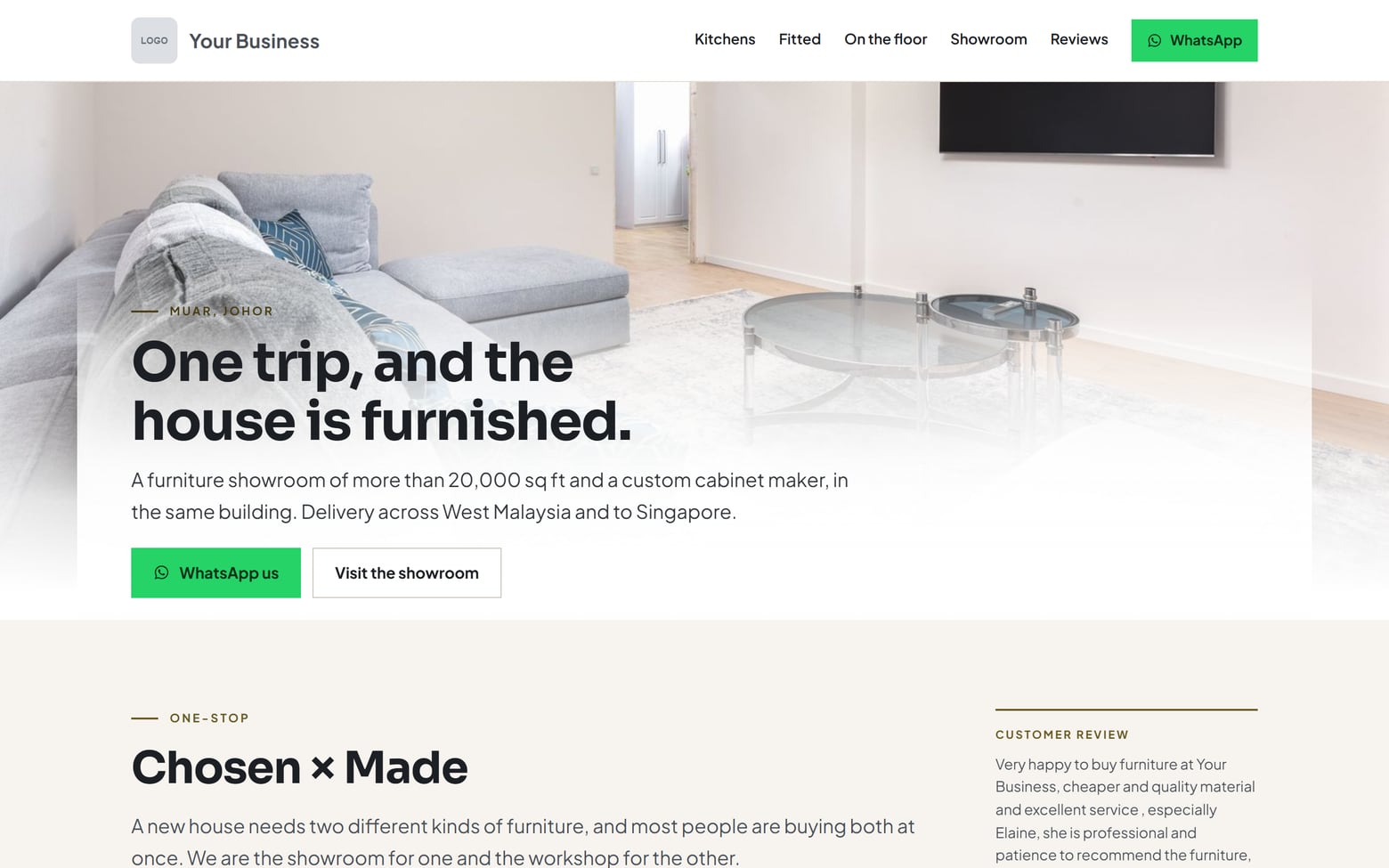 A website for a furniture showroom & cabinet maker, on a desktop screen